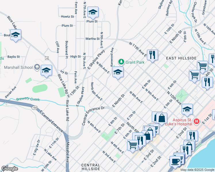 map of restaurants, bars, coffee shops, grocery stores, and more near 703 East 11th Street in Duluth