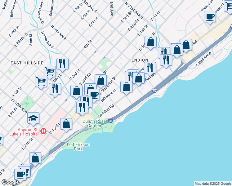 map of restaurants, bars, coffee shops, grocery stores, and more near 1518 Jefferson Street in Duluth