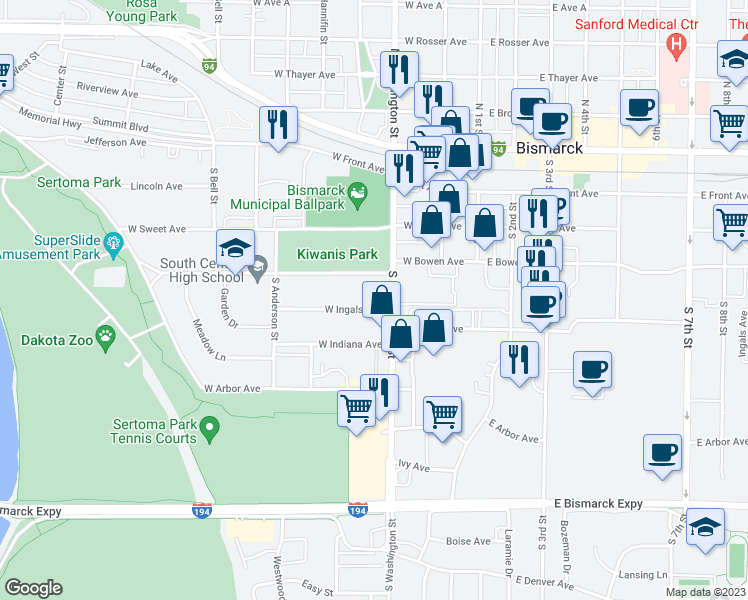 map of restaurants, bars, coffee shops, grocery stores, and more near 312 West Ingals Avenue in Bismarck