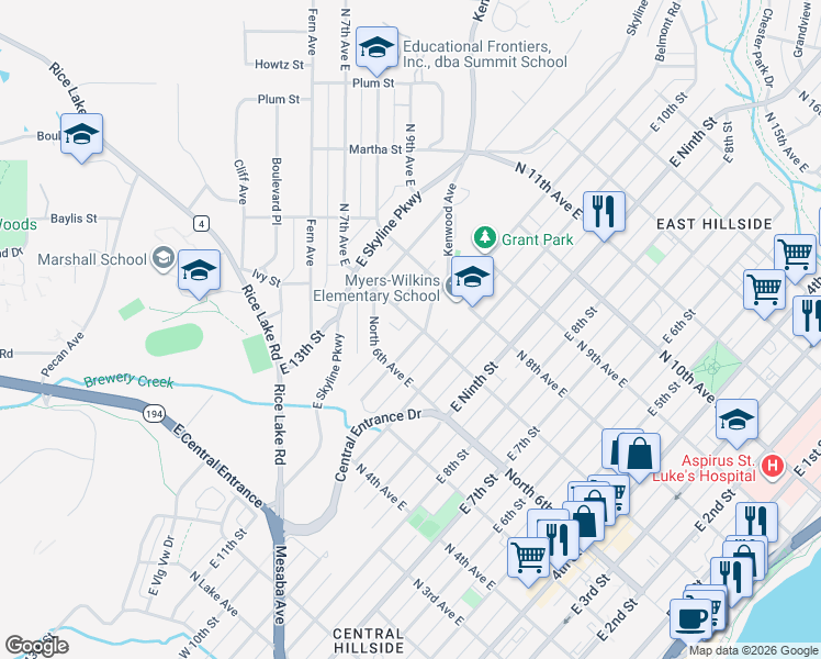 map of restaurants, bars, coffee shops, grocery stores, and more near 703 East 11th Street in Duluth