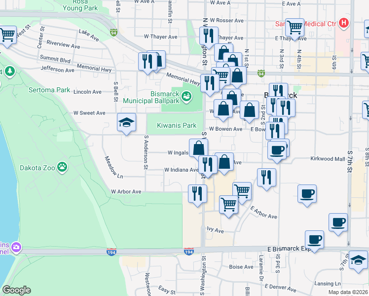 map of restaurants, bars, coffee shops, grocery stores, and more near 319 West Bowen Avenue in Bismarck