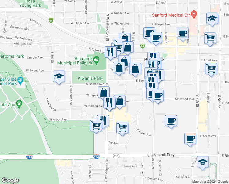 map of restaurants, bars, coffee shops, grocery stores, and more near 215 West Bowen Avenue in Bismarck