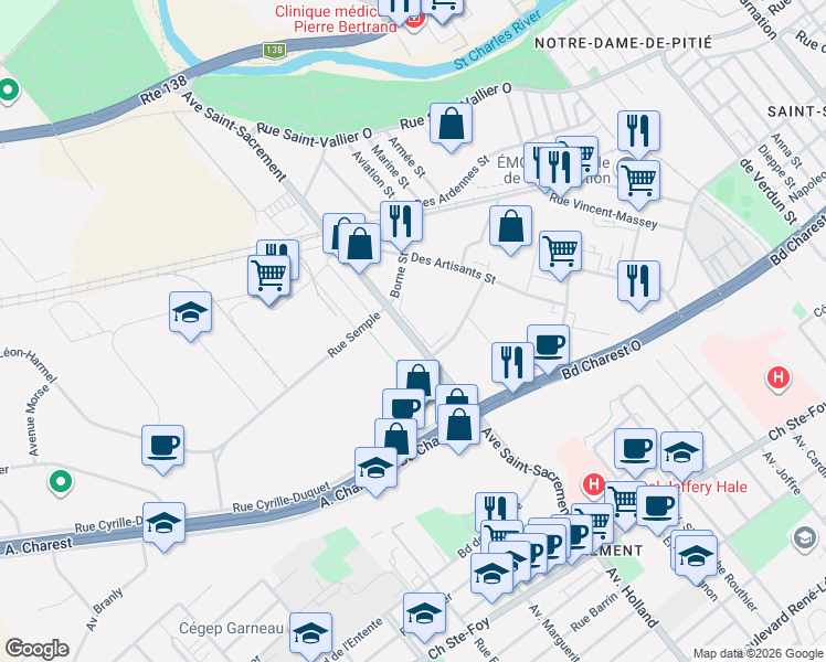 map of restaurants, bars, coffee shops, grocery stores, and more near 275 Avenue Saint-Sacrement in Québec
