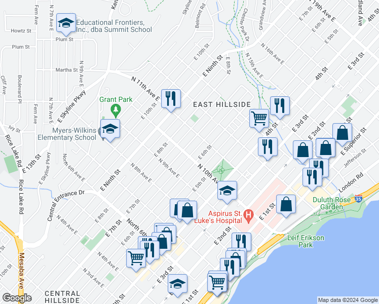 map of restaurants, bars, coffee shops, grocery stores, and more near 622 North 10th Avenue East in Duluth