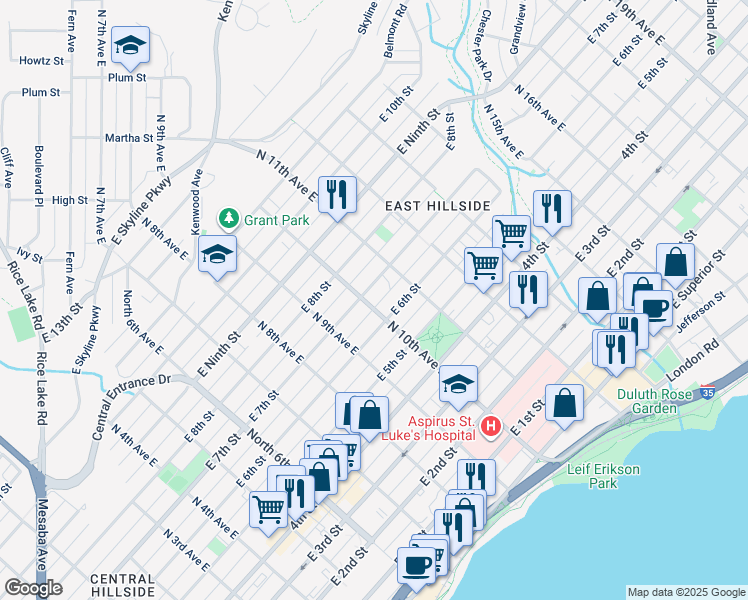 map of restaurants, bars, coffee shops, grocery stores, and more near in Duluth