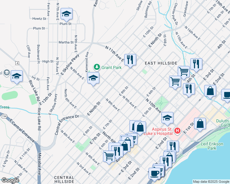 map of restaurants, bars, coffee shops, grocery stores, and more near 829 East 9th Street in Duluth