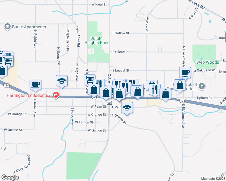 map of restaurants, bars, coffee shops, grocery stores, and more near 330 North Arlington Avenue in Duluth