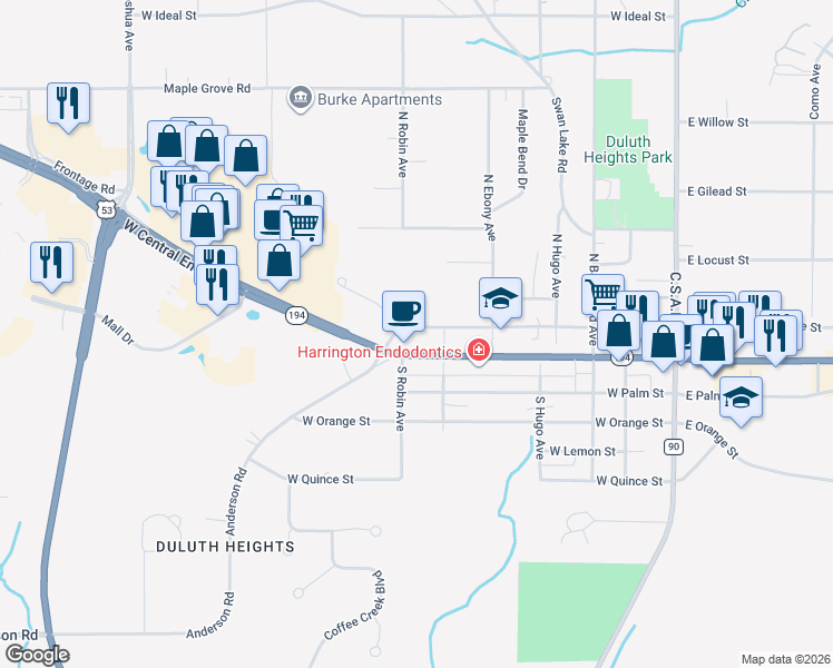 map of restaurants, bars, coffee shops, grocery stores, and more near 320 West Myrtle Street in Duluth