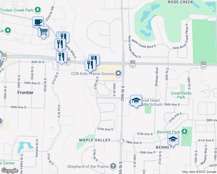 map of restaurants, bars, coffee shops, grocery stores, and more near 2651 26th Street South in Fargo