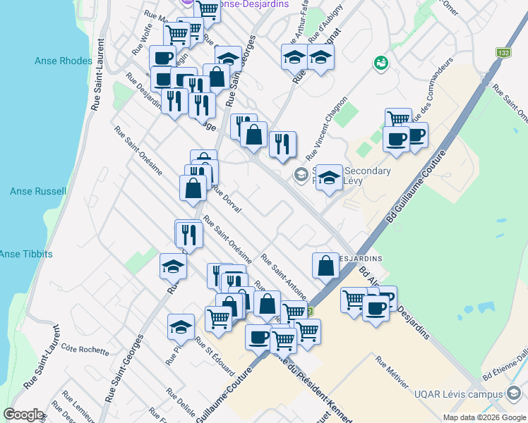 map of restaurants, bars, coffee shops, grocery stores, and more near 49 Rue de la Vigie in Lévis
