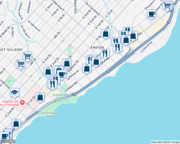 map of restaurants, bars, coffee shops, grocery stores, and more near 1615 London Rd in Duluth