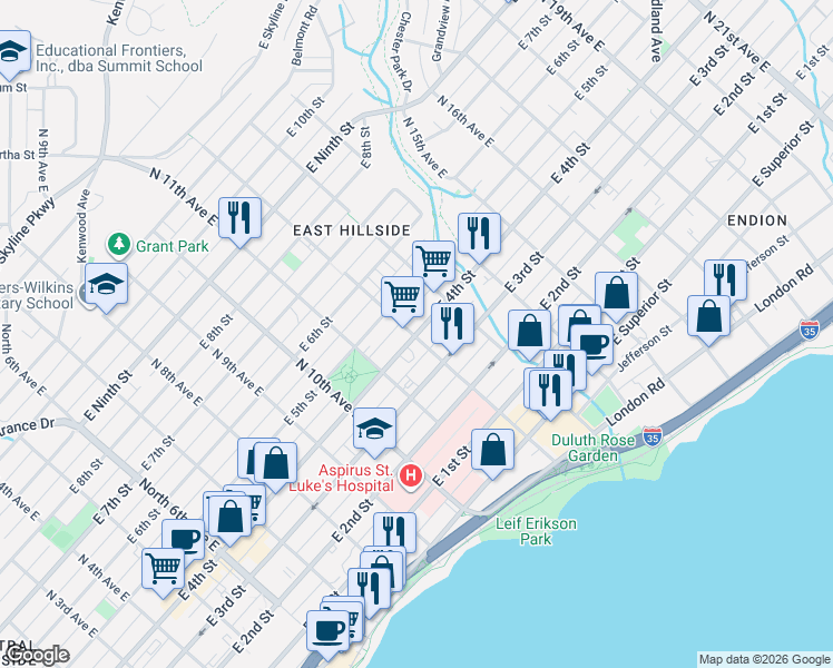 map of restaurants, bars, coffee shops, grocery stores, and more near 412 North 12th Avenue East in Duluth