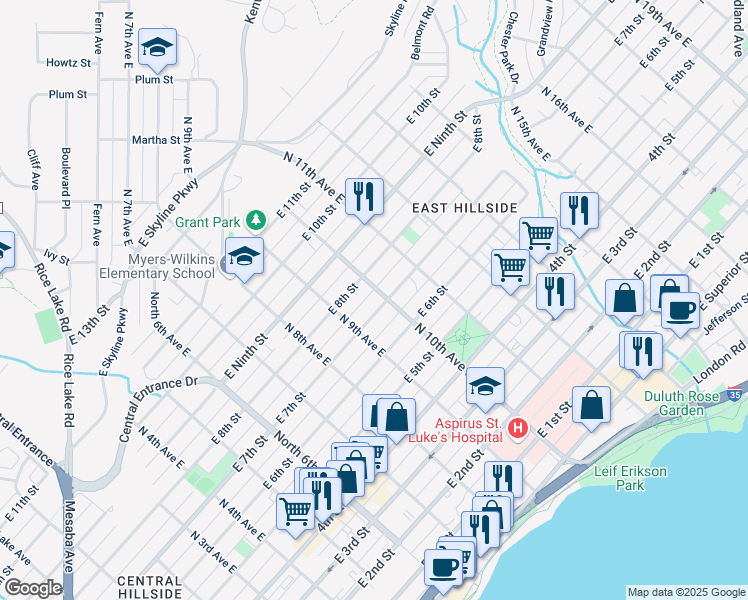map of restaurants, bars, coffee shops, grocery stores, and more near 925 East 7th Street in Duluth