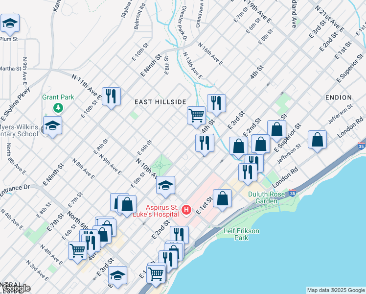 map of restaurants, bars, coffee shops, grocery stores, and more near 412 North 12th Avenue East in Duluth