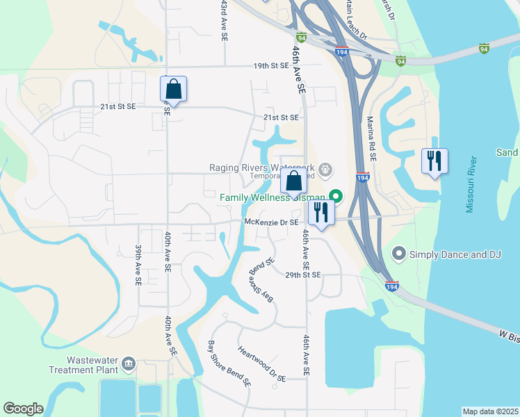 map of restaurants, bars, coffee shops, grocery stores, and more near 2607 Verity Lane in Mandan