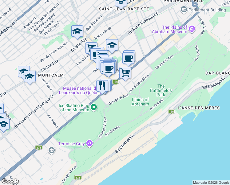 map of restaurants, bars, coffee shops, grocery stores, and more near 135 Grande Allée Ouest in Québec