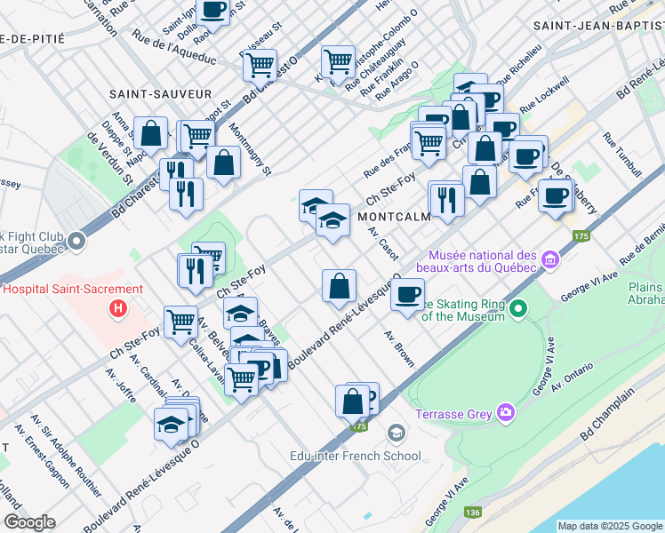 map of restaurants, bars, coffee shops, grocery stores, and more near 874 Avenue Brown in Quebec