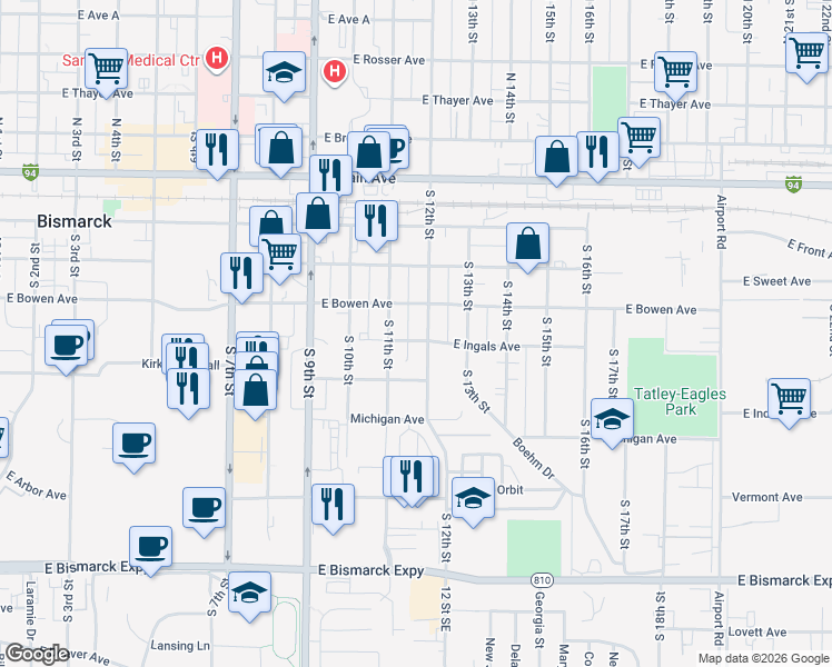 map of restaurants, bars, coffee shops, grocery stores, and more near 412 South 12th Street in Bismarck