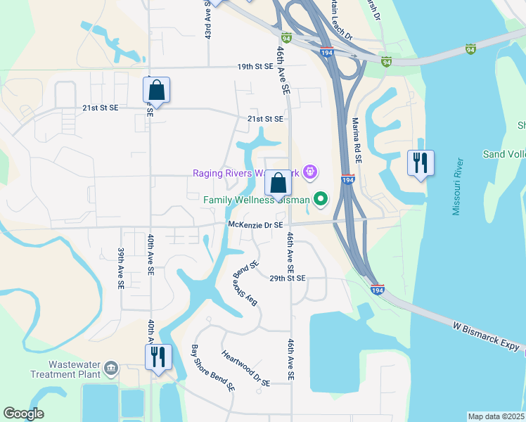 map of restaurants, bars, coffee shops, grocery stores, and more near 2529 Waterpark Loop SouthEast in Mandan