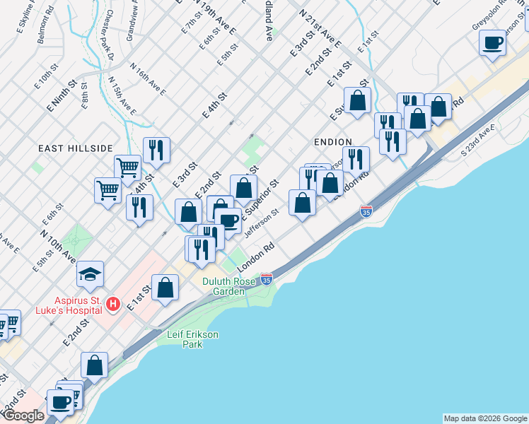 map of restaurants, bars, coffee shops, grocery stores, and more near 1510 East Superior Street in Duluth