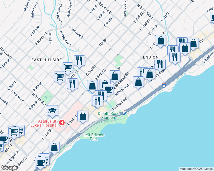 map of restaurants, bars, coffee shops, grocery stores, and more near 15 North 15th Avenue East in Duluth