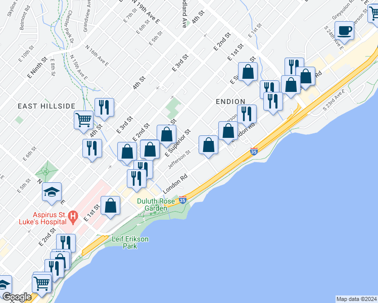 map of restaurants, bars, coffee shops, grocery stores, and more near 1518 Jefferson Street in Duluth