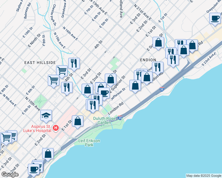 map of restaurants, bars, coffee shops, grocery stores, and more near 1431 East Superior Street in Duluth