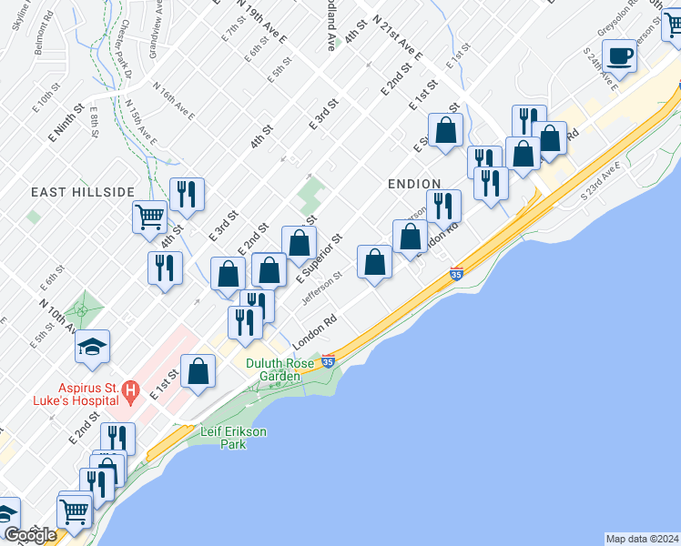map of restaurants, bars, coffee shops, grocery stores, and more near 1520 Jefferson Street in Duluth
