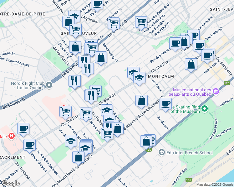 map of restaurants, bars, coffee shops, grocery stores, and more near 801 Avenue Murray in Quebec