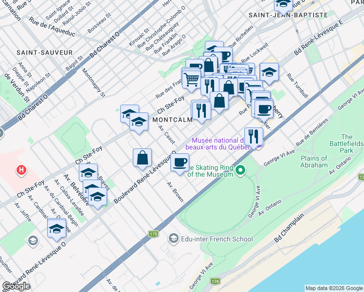 map of restaurants, bars, coffee shops, grocery stores, and more near 425 Boulevard René Lévesque Ouest in Quebec