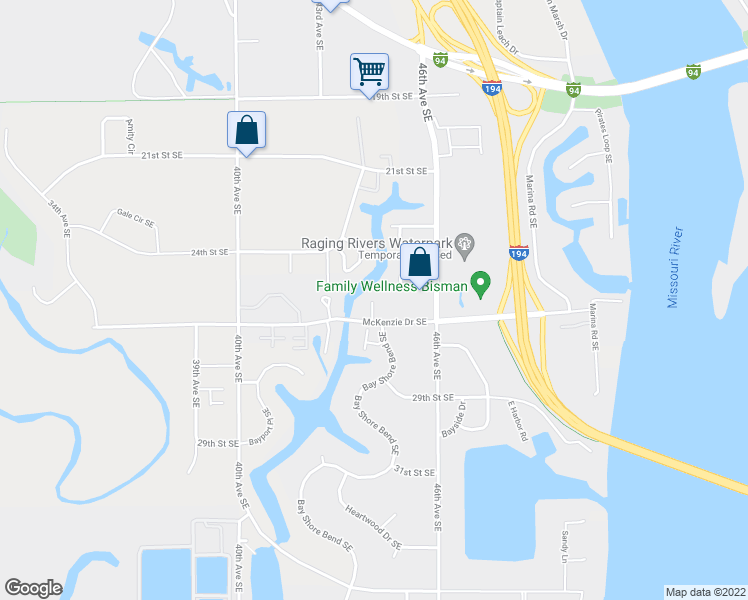 map of restaurants, bars, coffee shops, grocery stores, and more near 2605 Verity Lane in Mandan