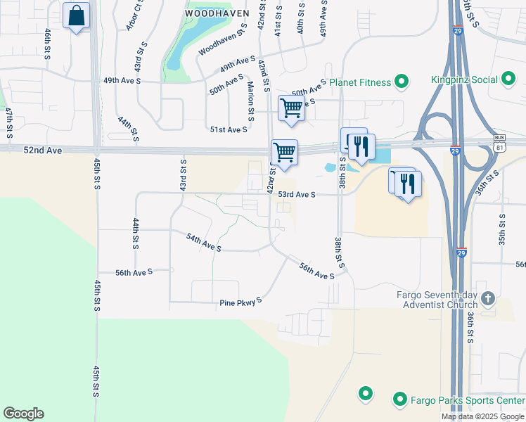 map of restaurants, bars, coffee shops, grocery stores, and more near 4200 53rd Avenue South in Fargo