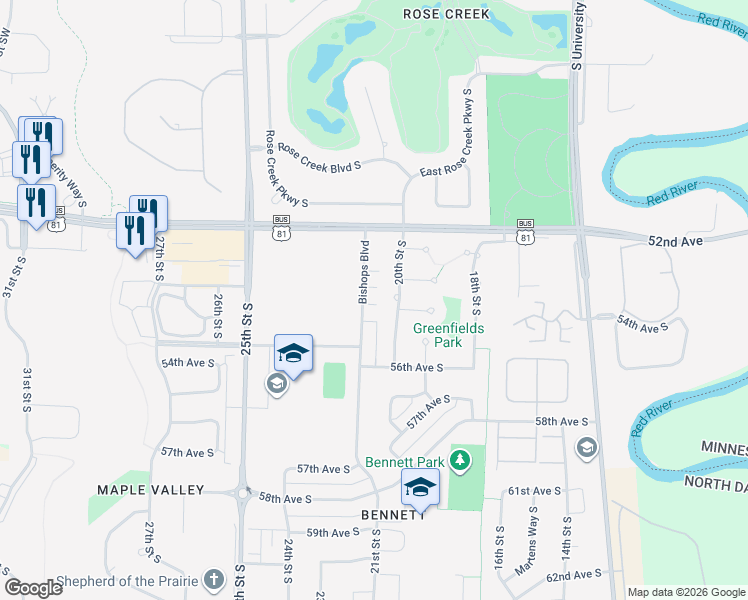 map of restaurants, bars, coffee shops, grocery stores, and more near 5482 Bishops Boulevard in Fargo