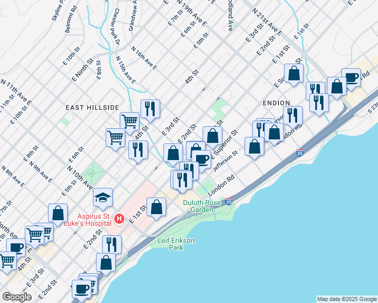 map of restaurants, bars, coffee shops, grocery stores, and more near 1401 East 1st Street in Duluth