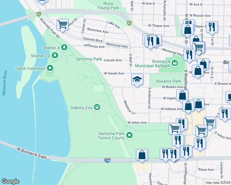 map of restaurants, bars, coffee shops, grocery stores, and more near 905 West Bowen Avenue in Bismarck
