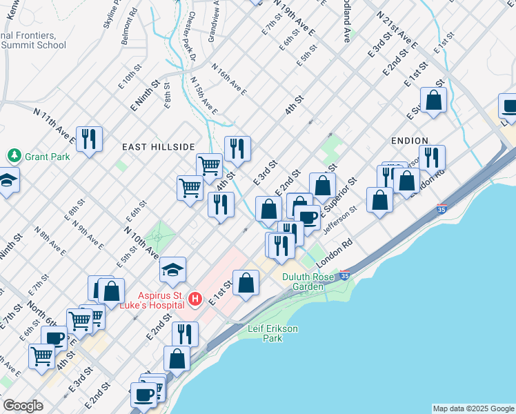 map of restaurants, bars, coffee shops, grocery stores, and more near 1323 East 2nd Street in Duluth