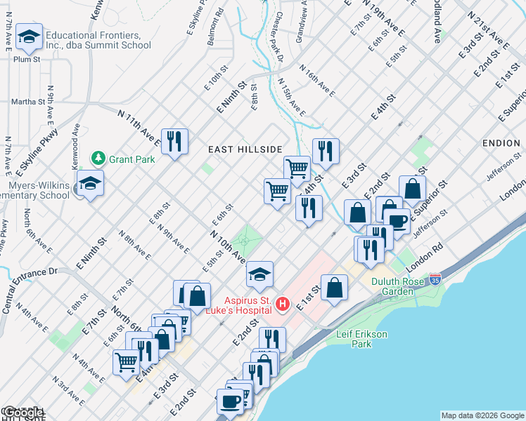 map of restaurants, bars, coffee shops, grocery stores, and more near 1119 East 5th Street in Duluth