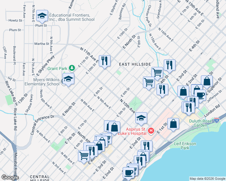 map of restaurants, bars, coffee shops, grocery stores, and more near in Duluth