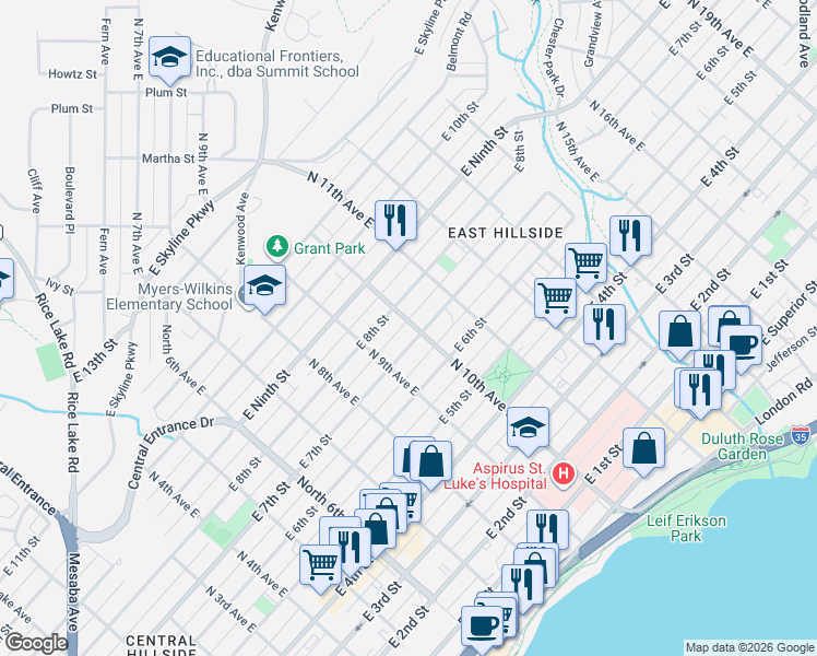 map of restaurants, bars, coffee shops, grocery stores, and more near 717 North 10th Avenue East in Duluth