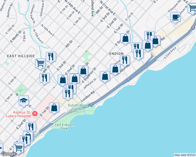 map of restaurants, bars, coffee shops, grocery stores, and more near 1530 Jefferson Street in Duluth
