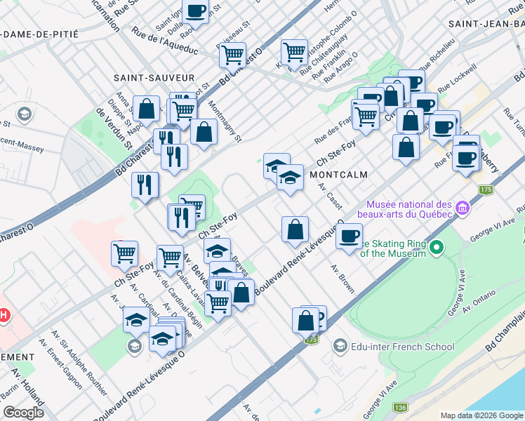 map of restaurants, bars, coffee shops, grocery stores, and more near 807 Avenue de Bougainville in Québec