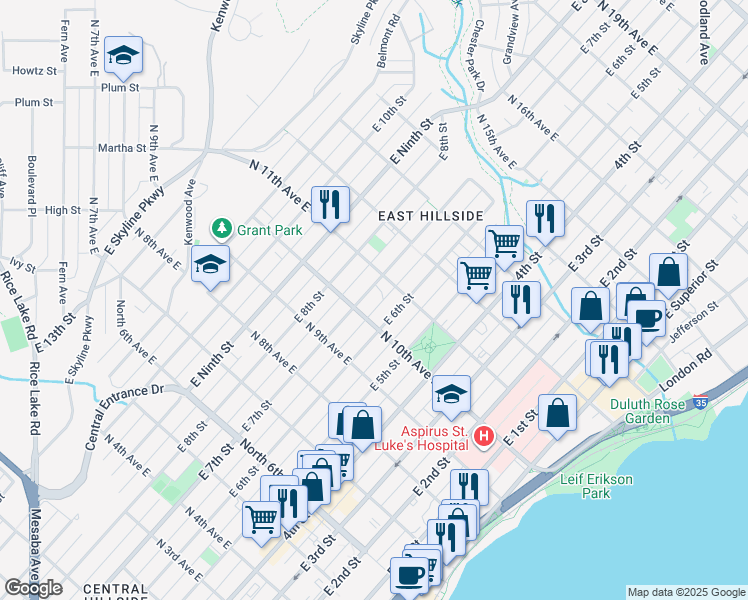 map of restaurants, bars, coffee shops, grocery stores, and more near in Duluth