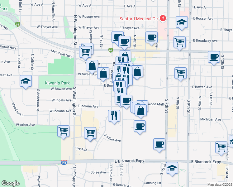 map of restaurants, bars, coffee shops, grocery stores, and more near 424 South 3rd Street in Bismarck