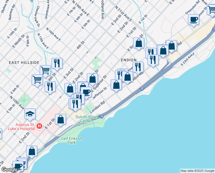 map of restaurants, bars, coffee shops, grocery stores, and more near 1530 Jefferson Street in Duluth