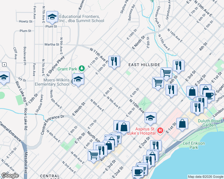 map of restaurants, bars, coffee shops, grocery stores, and more near 717 North 10th Avenue East in Duluth