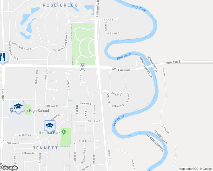 map of restaurants, bars, coffee shops, grocery stores, and more near 1251 54th Avenue South in Fargo
