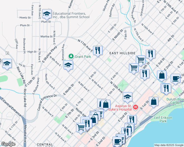 map of restaurants, bars, coffee shops, grocery stores, and more near 913 East 8th Street in Duluth