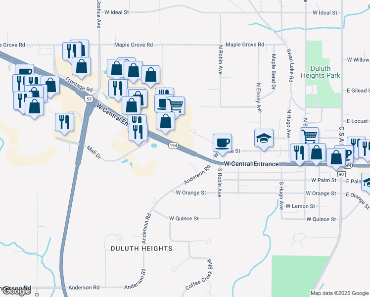 map of restaurants, bars, coffee shops, grocery stores, and more near 615 West Central Entrance in Duluth