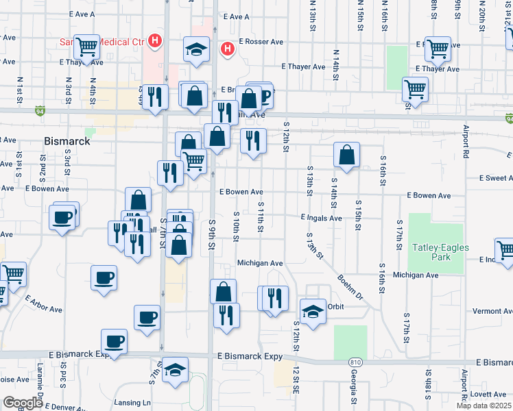 map of restaurants, bars, coffee shops, grocery stores, and more near 416 South 11th Street in Bismarck