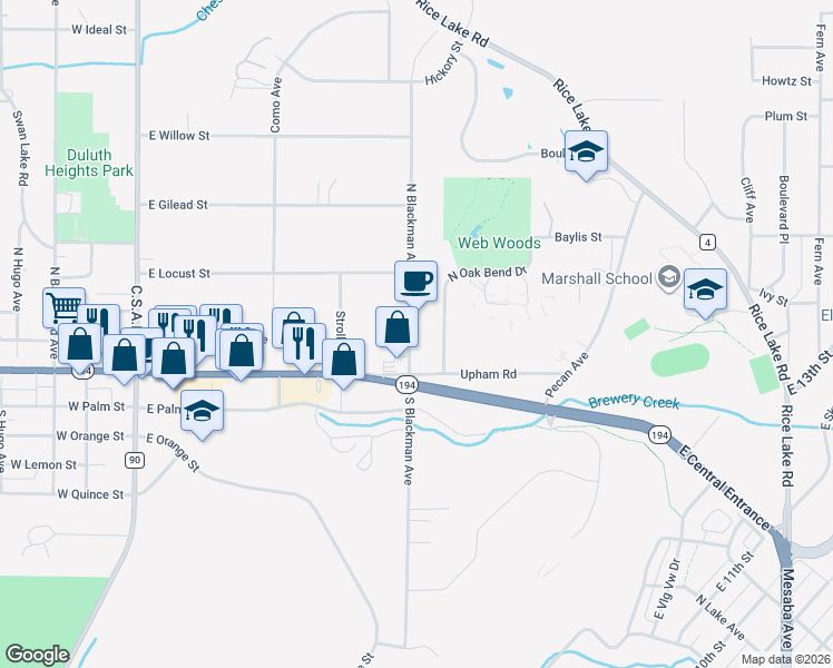map of restaurants, bars, coffee shops, grocery stores, and more near 304 North Blackman Avenue in Duluth